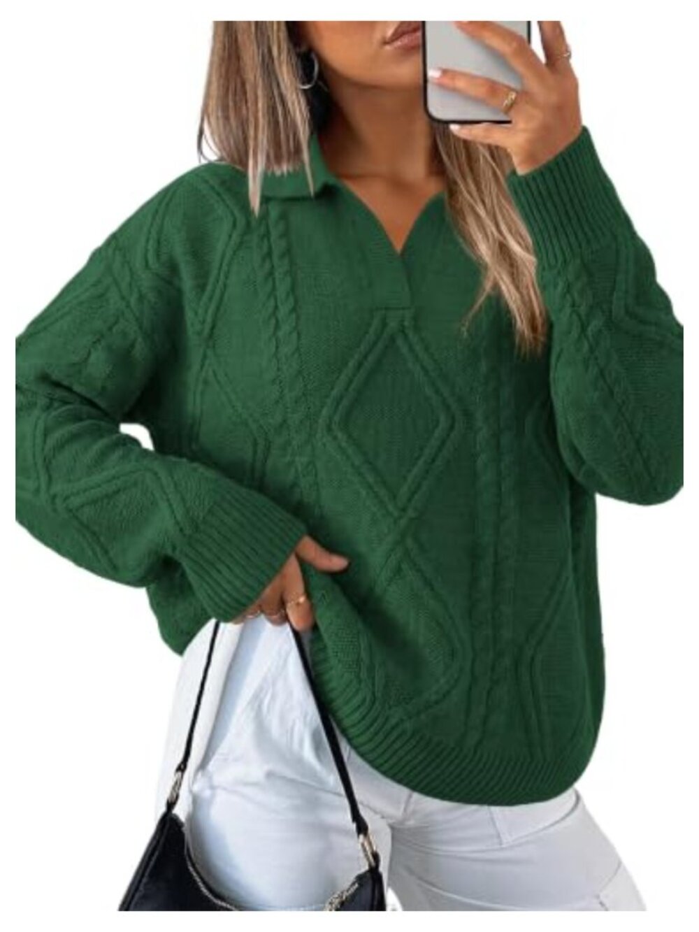 Cable Knit Lapel Collar Oversized Pullover Sweater Women